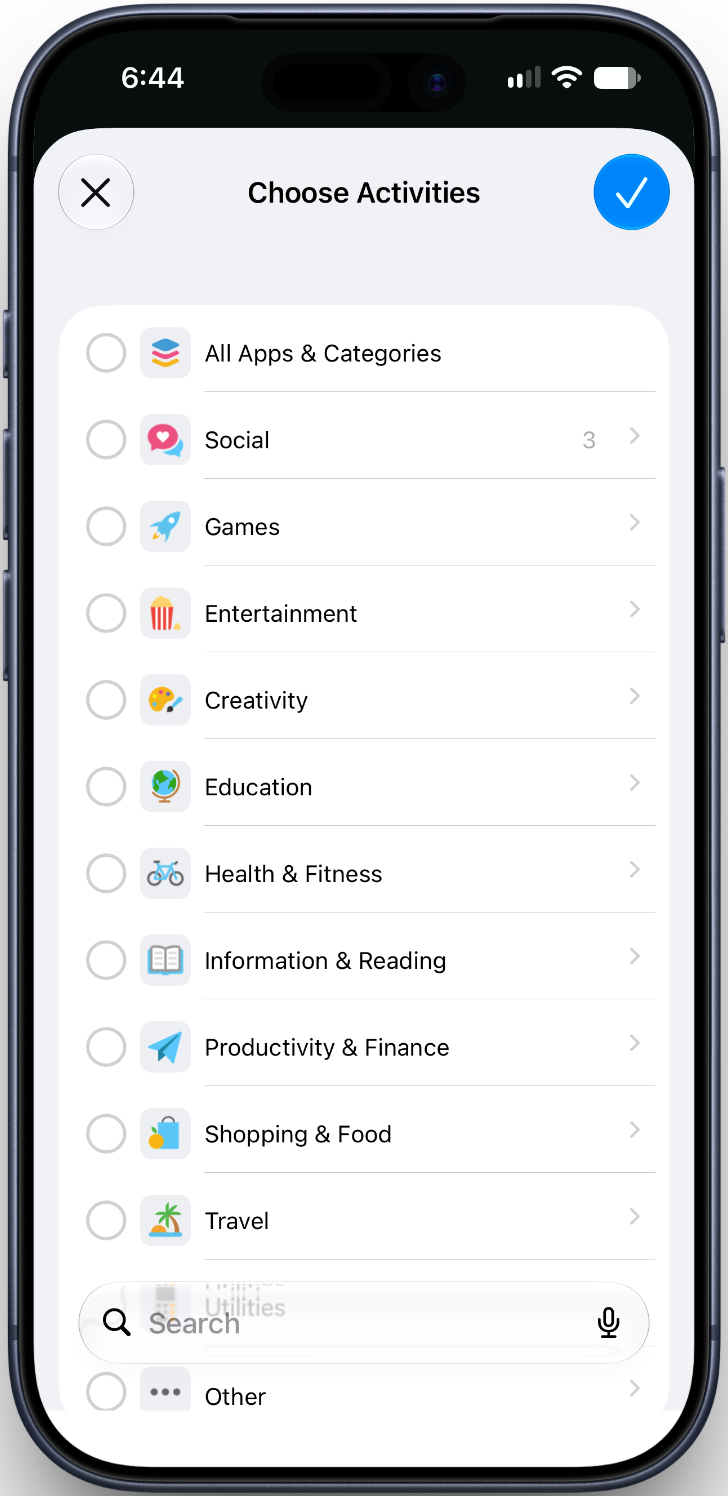 Selector nativo de iOS para elegir a qué apps y categorías ponerles límite