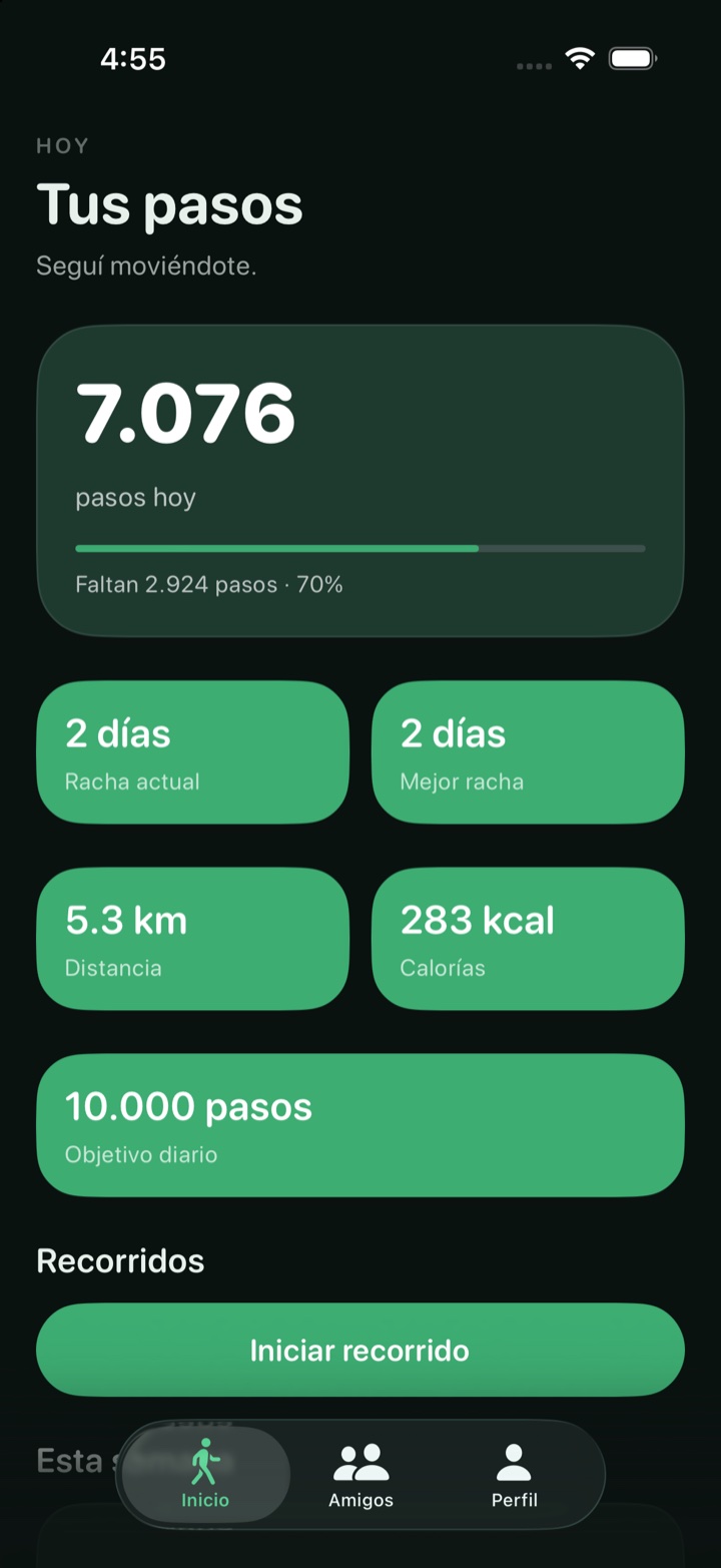 Pantalla de inicio de BeOut Move con 7.076 pasos hoy y el progreso hacia el objetivo diario