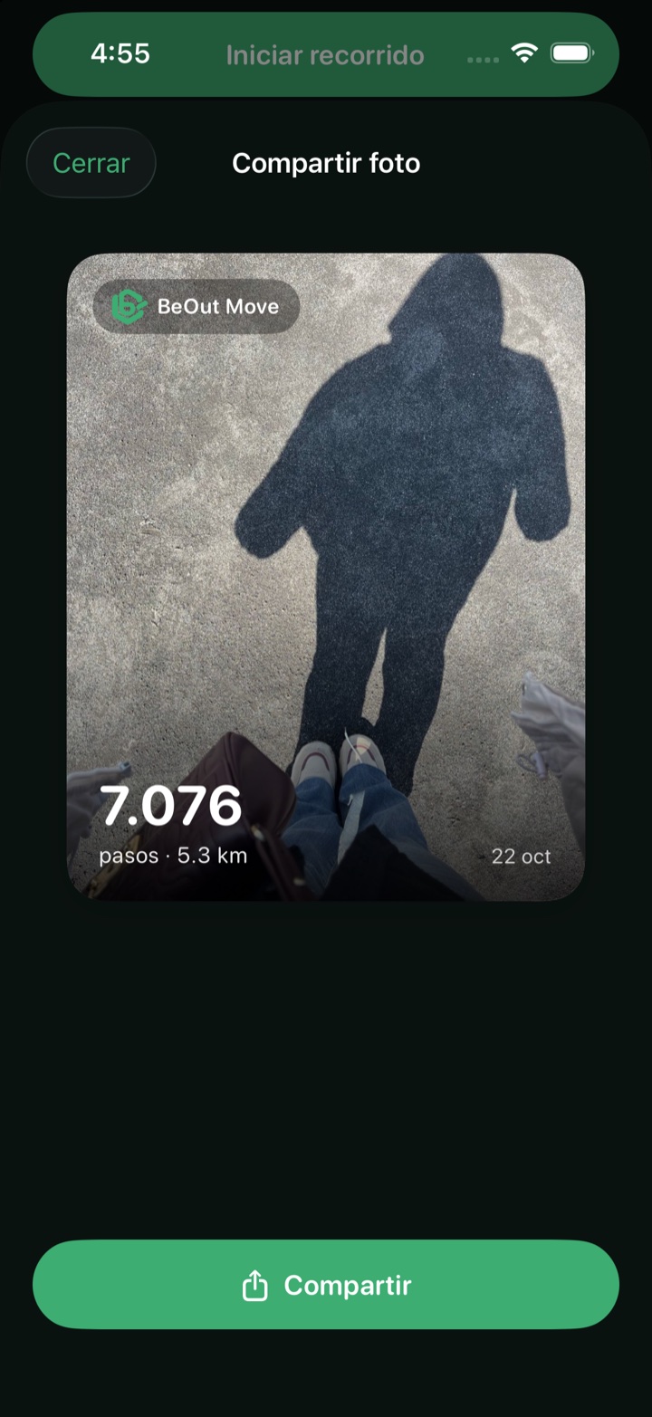 Una foto de la calle con 7.076 pasos, 5,3 km y la marca de BeOut Move, lista para compartir