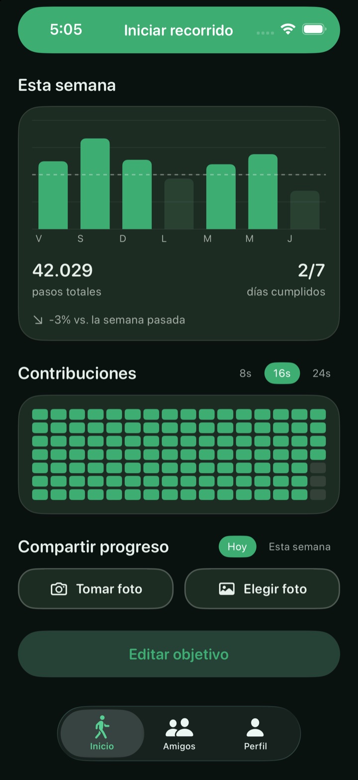 Gráfico semanal de pasos y mapa de contribuciones en BeOut Move