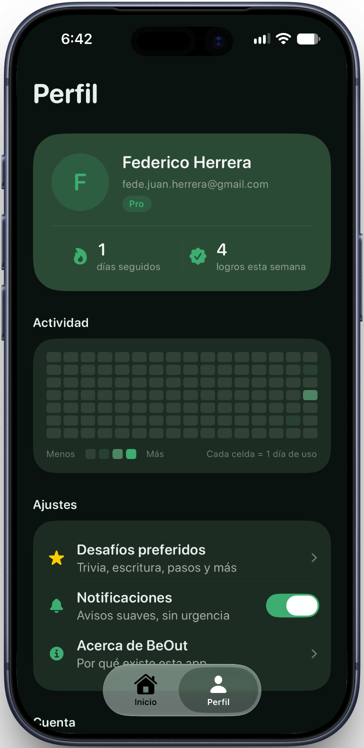 Perfil de BeOut con racha, actividad y ajustes