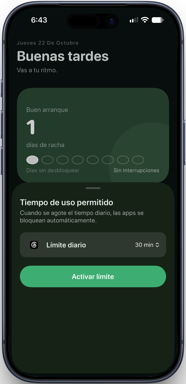 Pantalla de BeOut para definir el tiempo de uso diario y activar el límite
