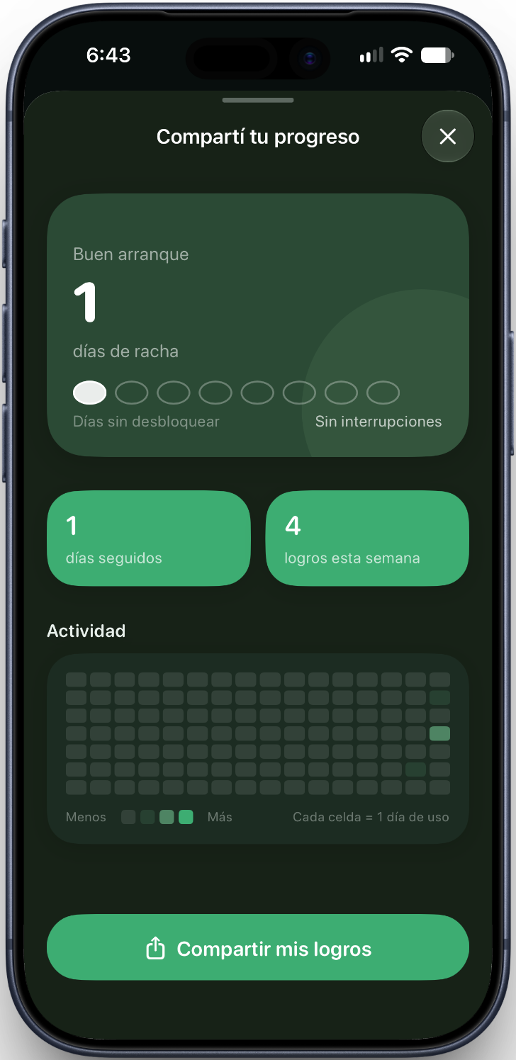 Pantalla Compartí tu progreso con racha, logros y grilla de actividad