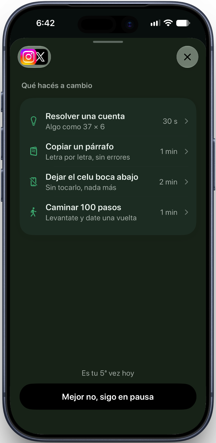 Pantalla Desbloqueá tus apps con lista de desafíos